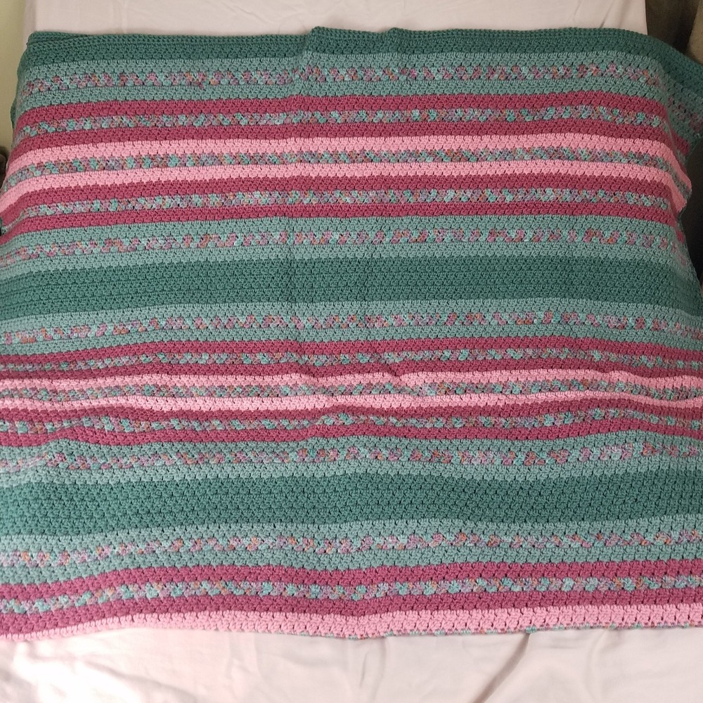 Handmade Crochet Afghan Blanket Large 44x68 in. Teal Pink Striped New heavy